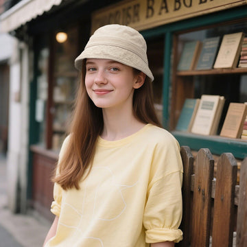 Beige bucket hat - side view with embroidered Croogo logo