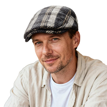 Croogo Newsboy flat cap in dark gray plaid wool blend