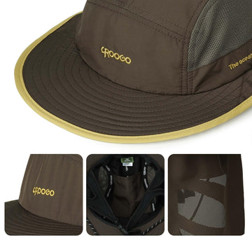 Secure windproof chin strap on a brown sun hat