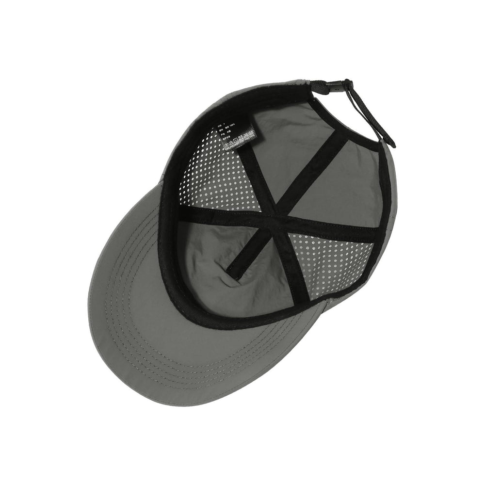 Back view showing adjustable plastic buckle on gray cap