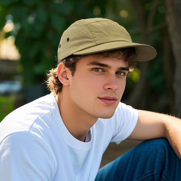 Unstructured 5-panel cap with lightweight nylon fabric in khaki