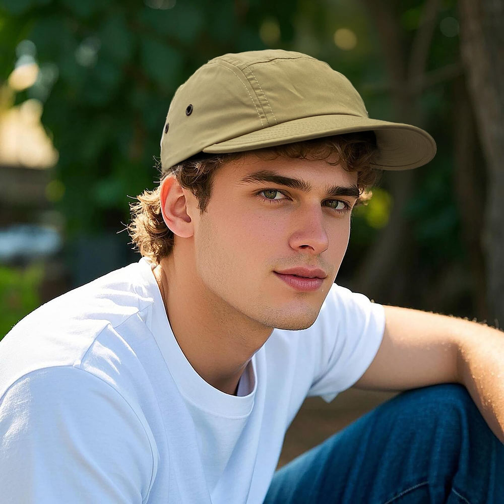 Unstructured 5-panel cap with lightweight nylon fabric in khaki