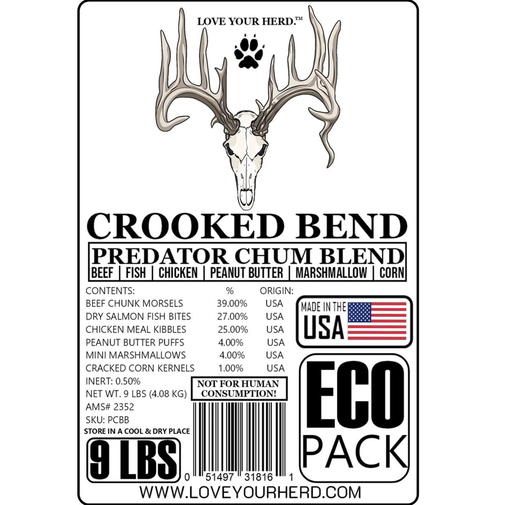 Crooked Bend Predator Chum Blend chicken kibble adds a poultry note to attract wildlife.