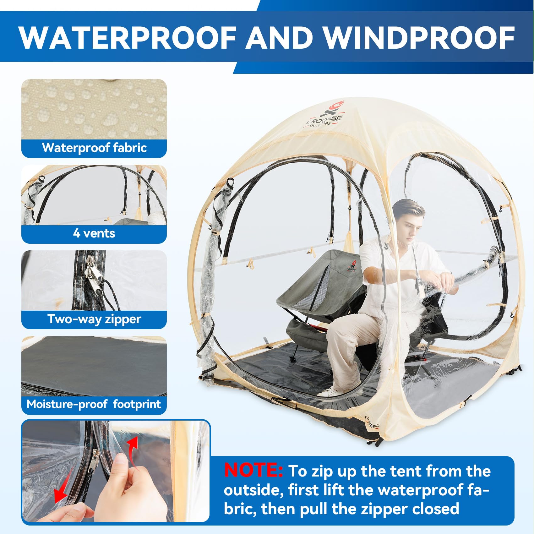 Croosseoutdoors sports tent windproof frame stabilizes shelter in wind.