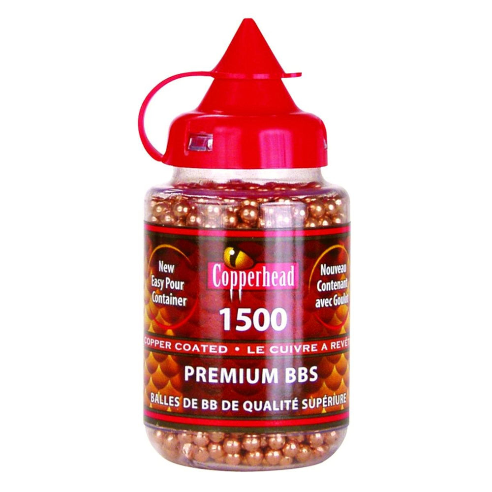 Crosman copper-coated 4.5mm BBs pour from the EZ-Pour bottle for quick reloading.