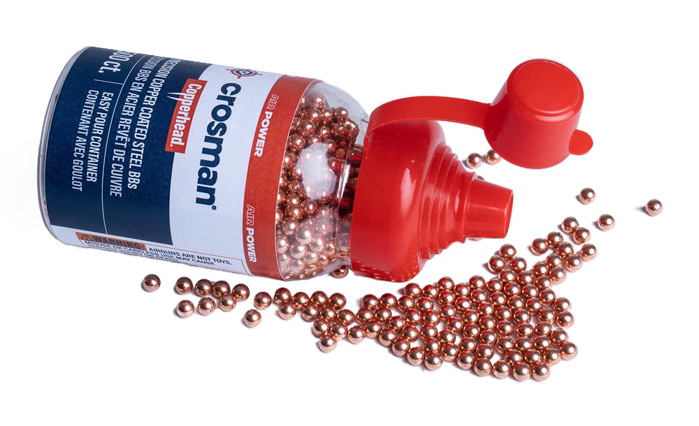 Crosman Copper-Coated BBs in EZ-Pour bottle pour smoothly for quick reloads.