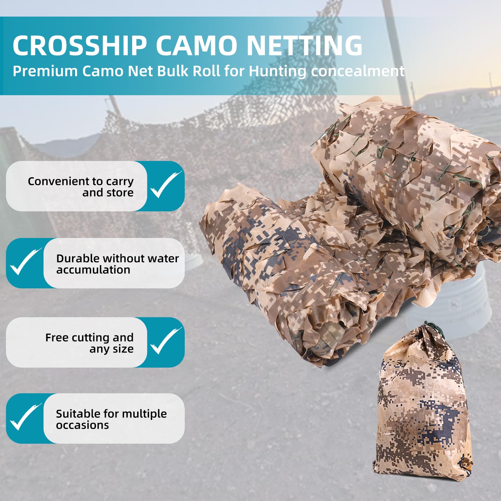 CROSSHIP camo netting closeup camouflage mesh showing matte non-glare finish.
