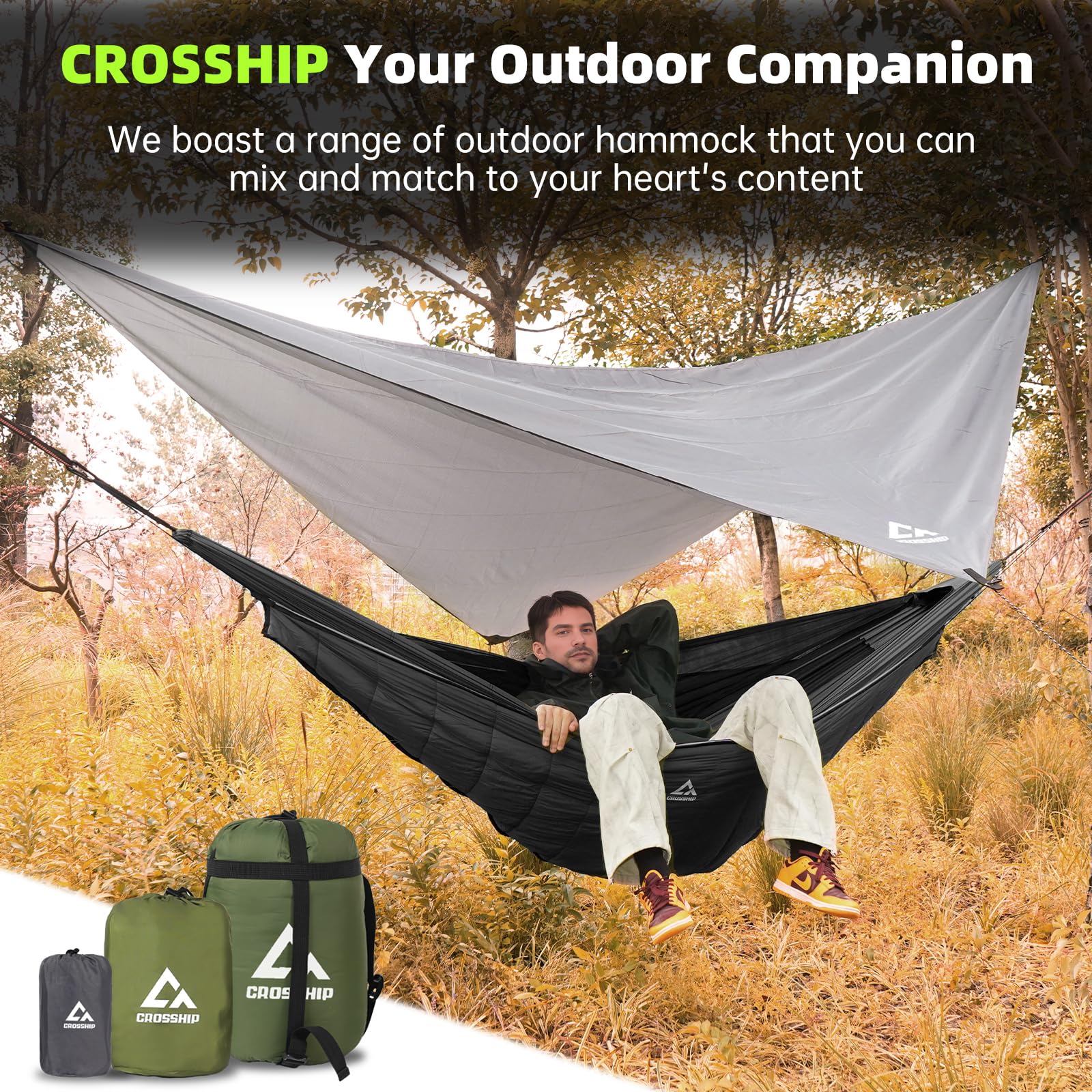 CROSSHIP hammock shown in backyard or beach for versatile relaxation.
