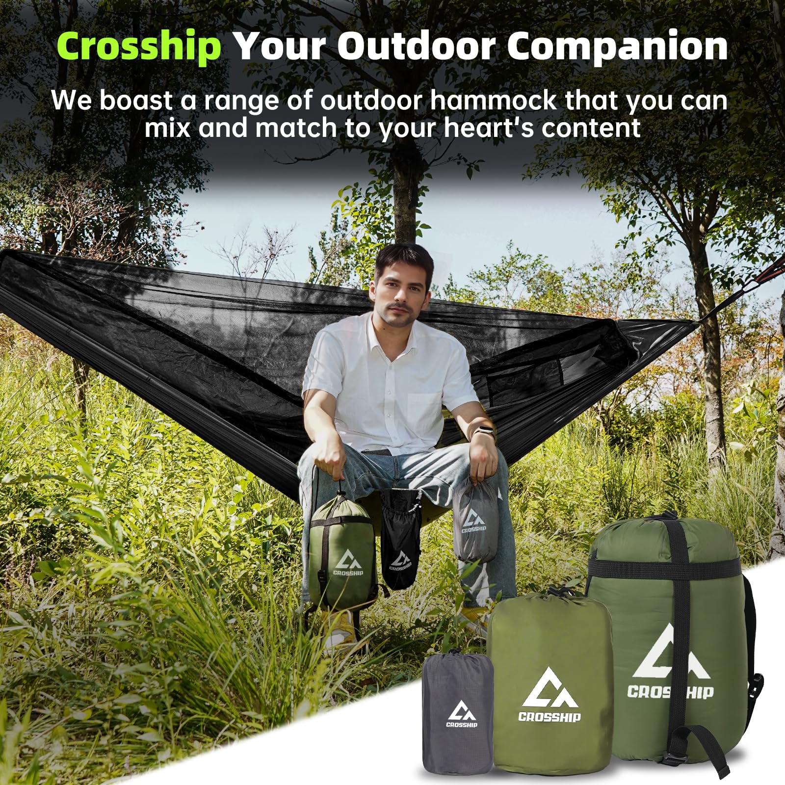 CROSSHIP hammock demonstrates easy setup with included tree straps and rope.