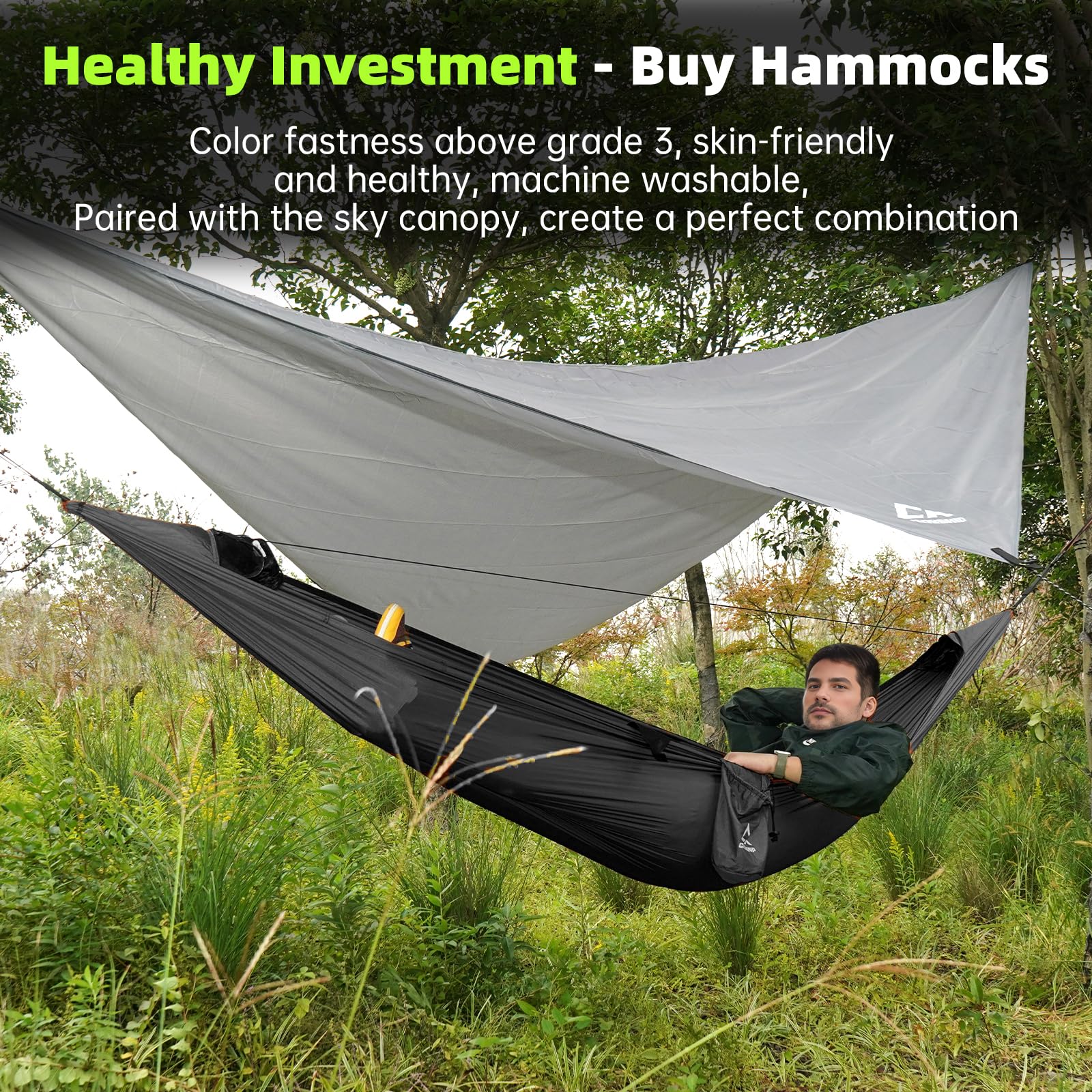 Crosship camping hammock rain fly demonstrates weather-ready shelter for light rain.
