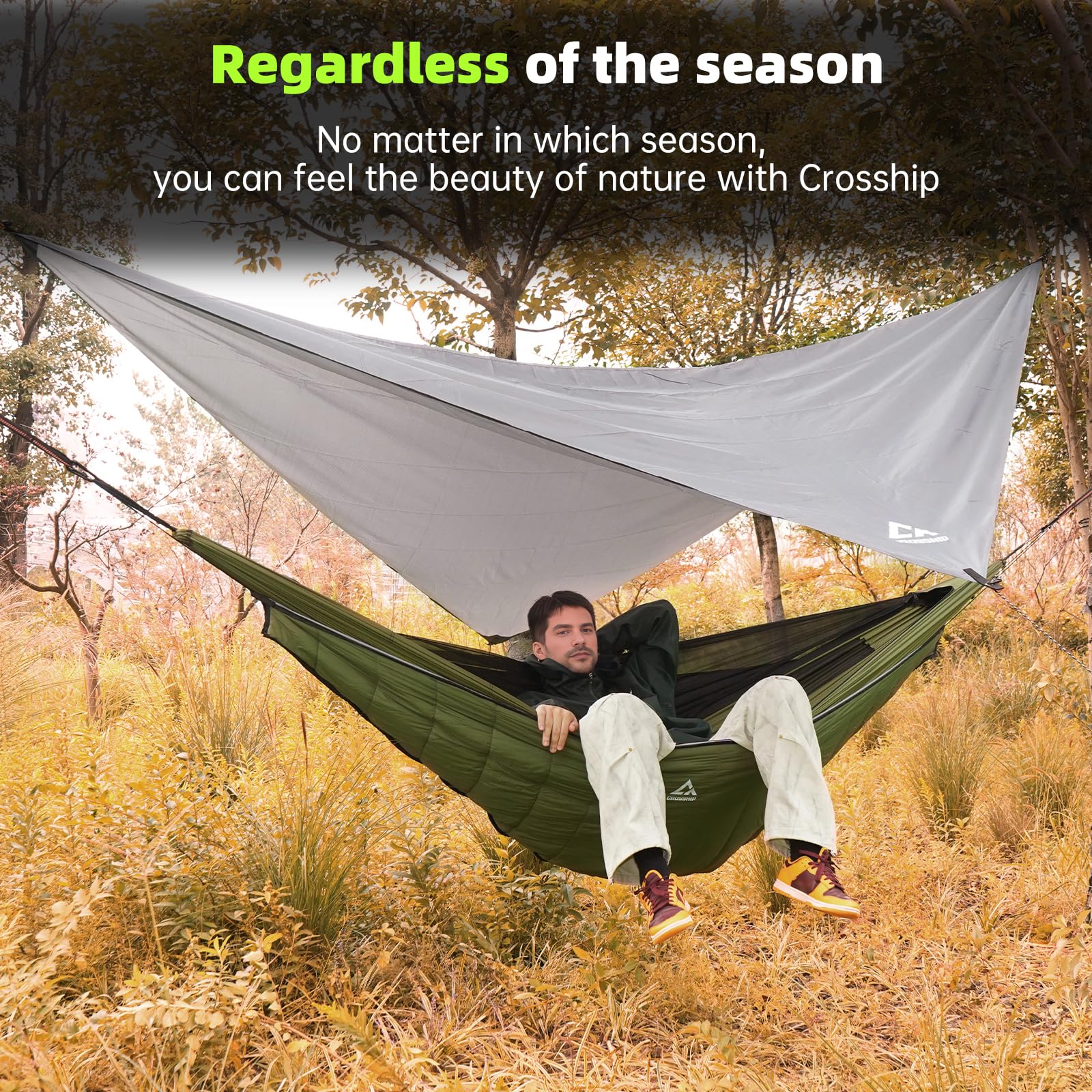 CROSSHIP easy-setup features staked anchors and straps for fast assembly.