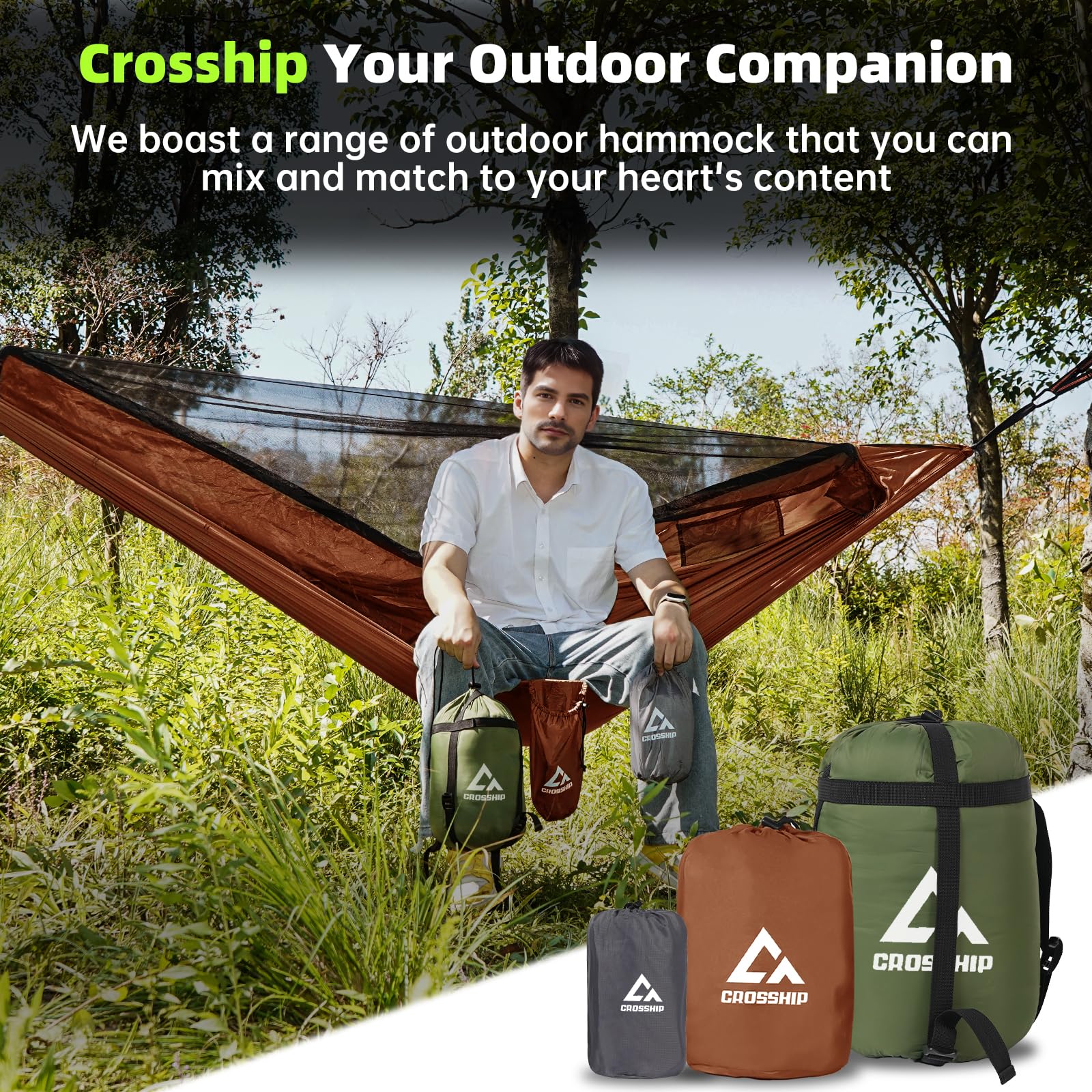 CROSSHIP hammock setup shows quick, tool-free installation with tree straps.