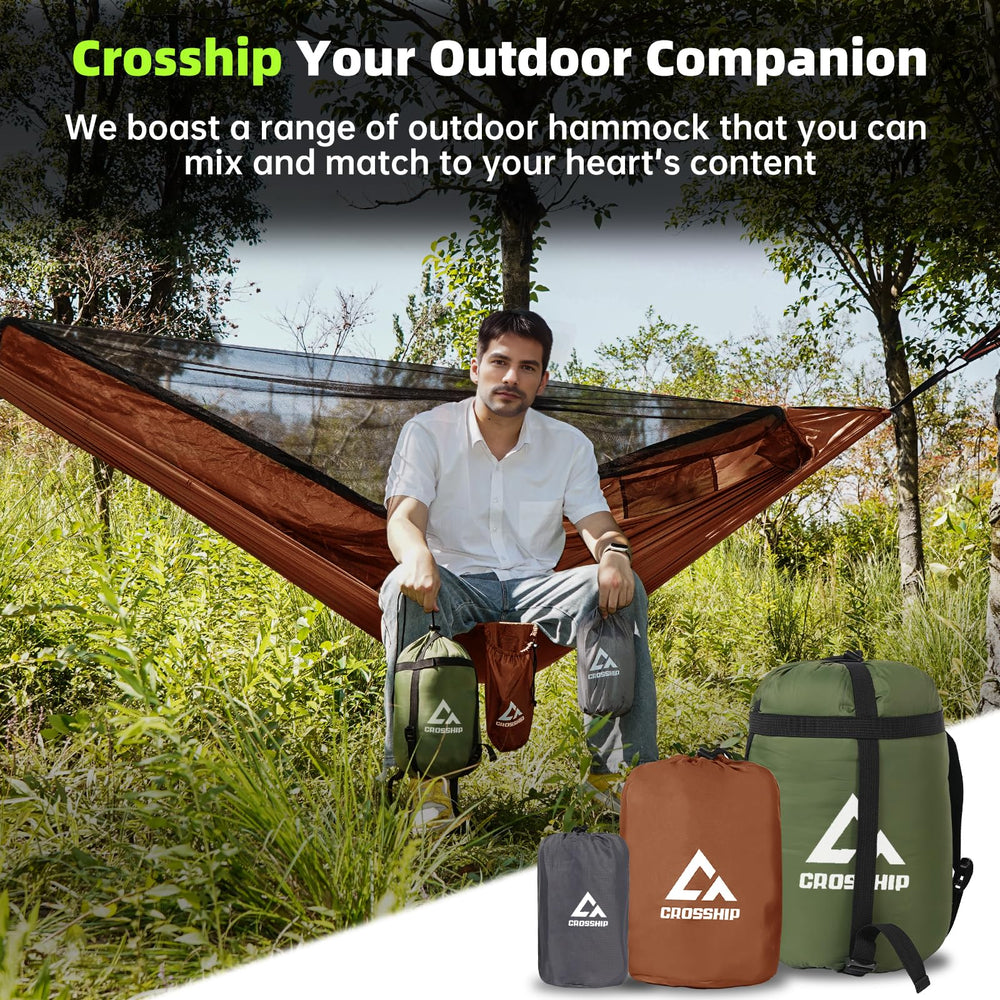 CROSSHIP hammock setup shows quick, tool-free installation with tree straps.