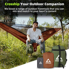 CROSSHIP hammock setup shows quick, tool-free installation with tree straps.
