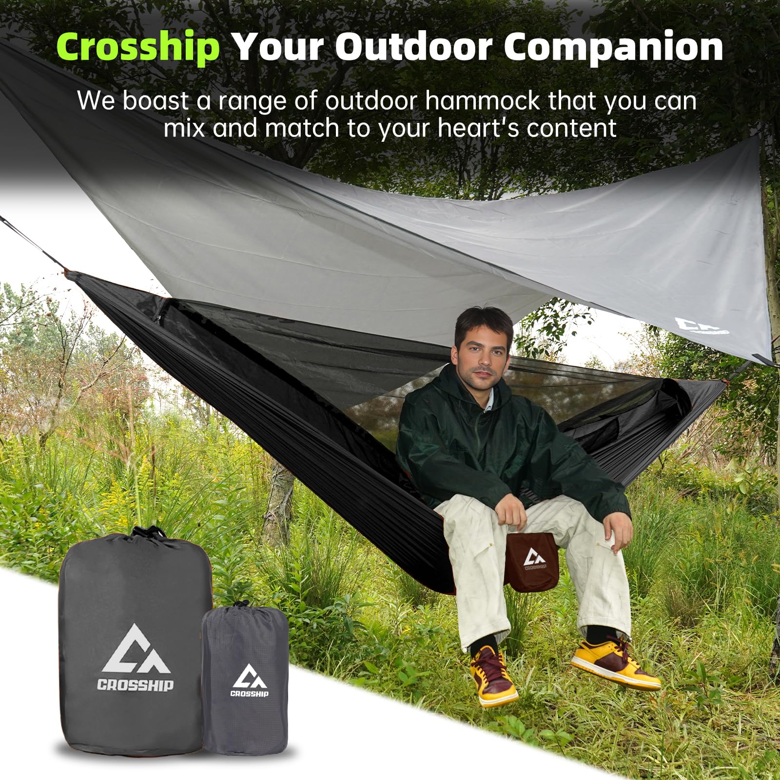 Crosship hammock outdoor use highlights versatile backyard and trail-ready setup.