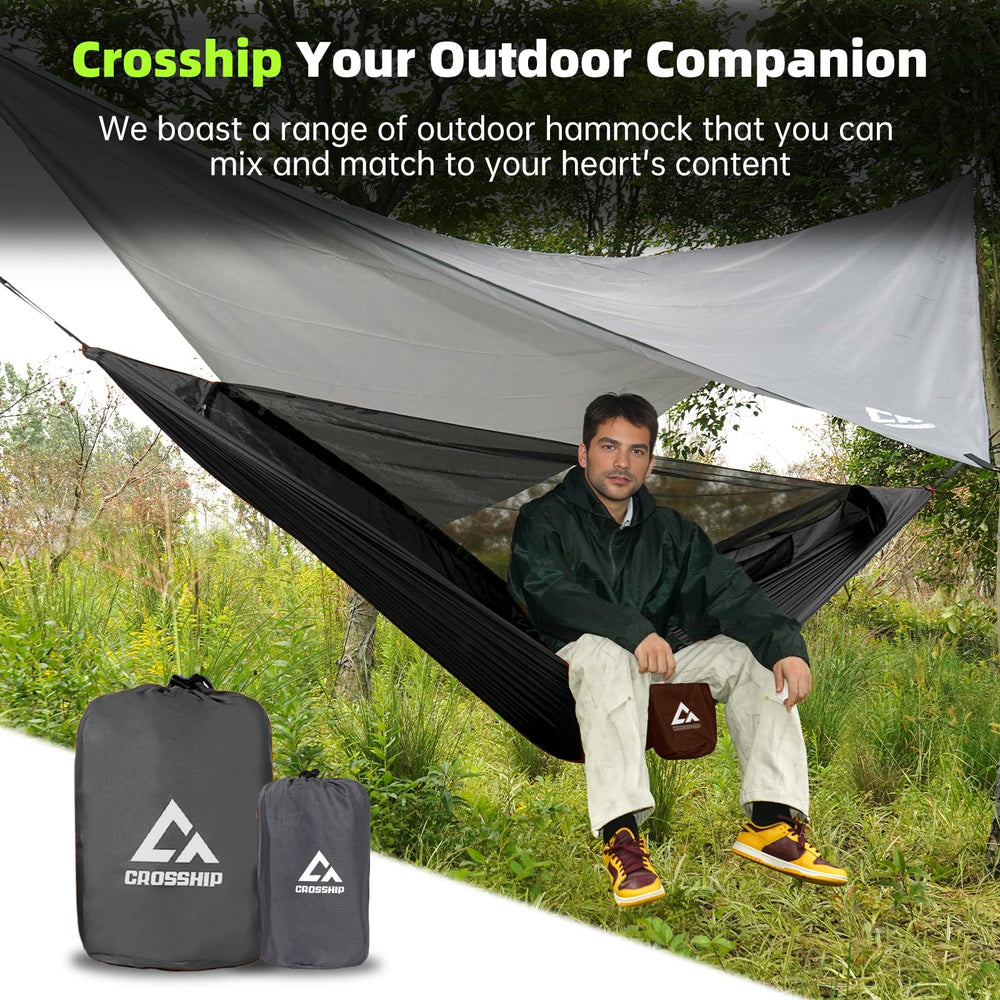 Crosship hammock outdoor use highlights versatile backyard and trail-ready setup.