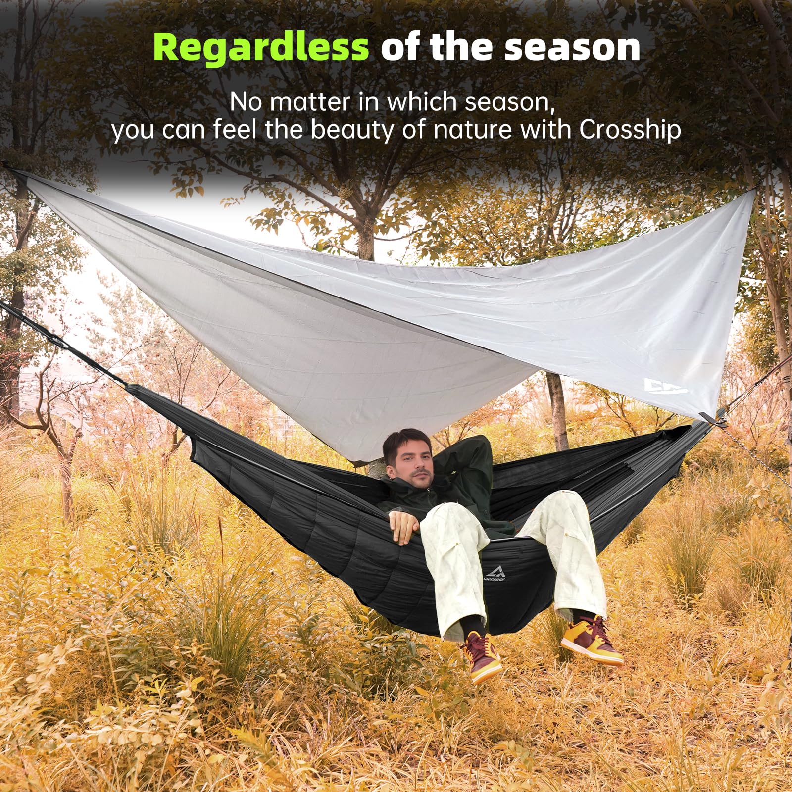 Crosship hammock spacious interior reveals room for two and relaxed lounging.