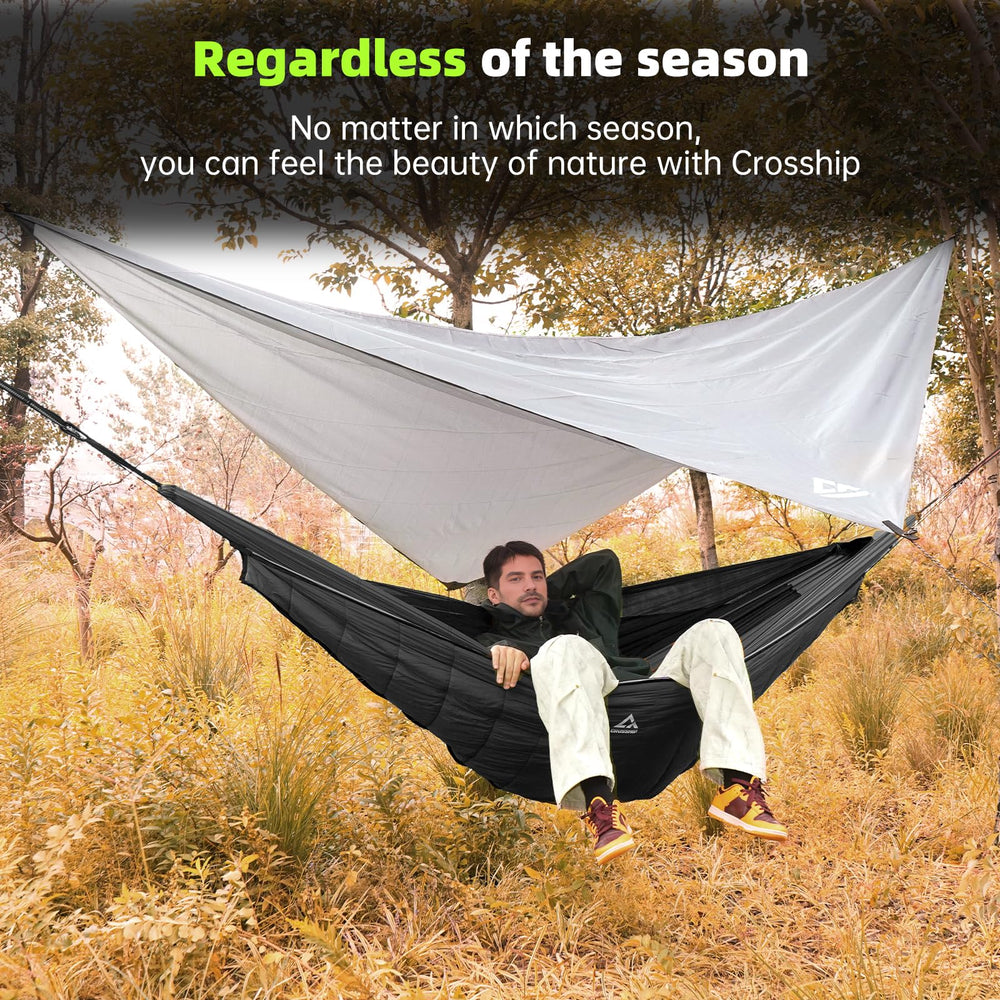 Crosship hammock spacious interior reveals room for two and relaxed lounging.