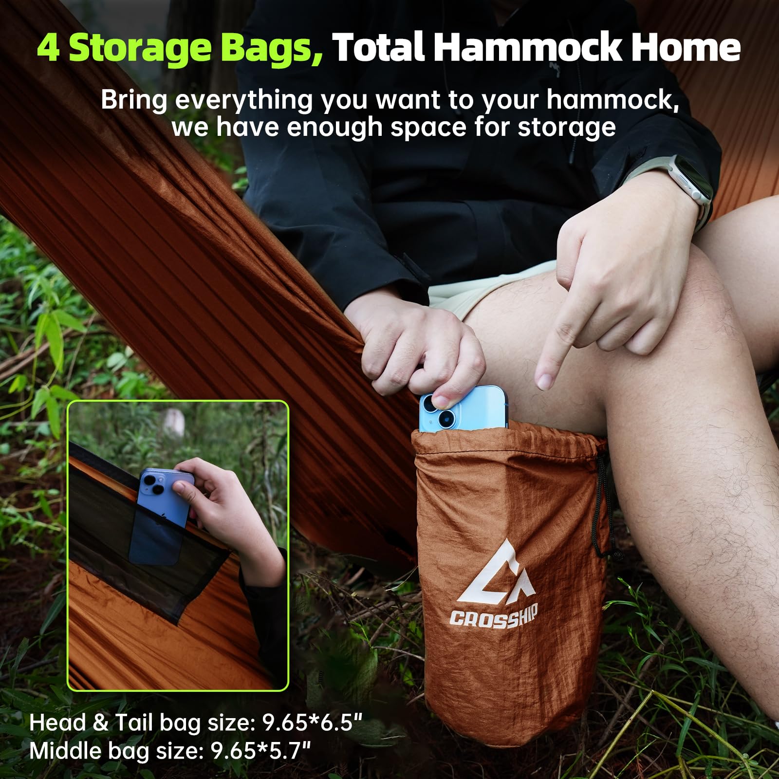 CROSSHIP hammock end-bed storage pockets keep essentials handy.