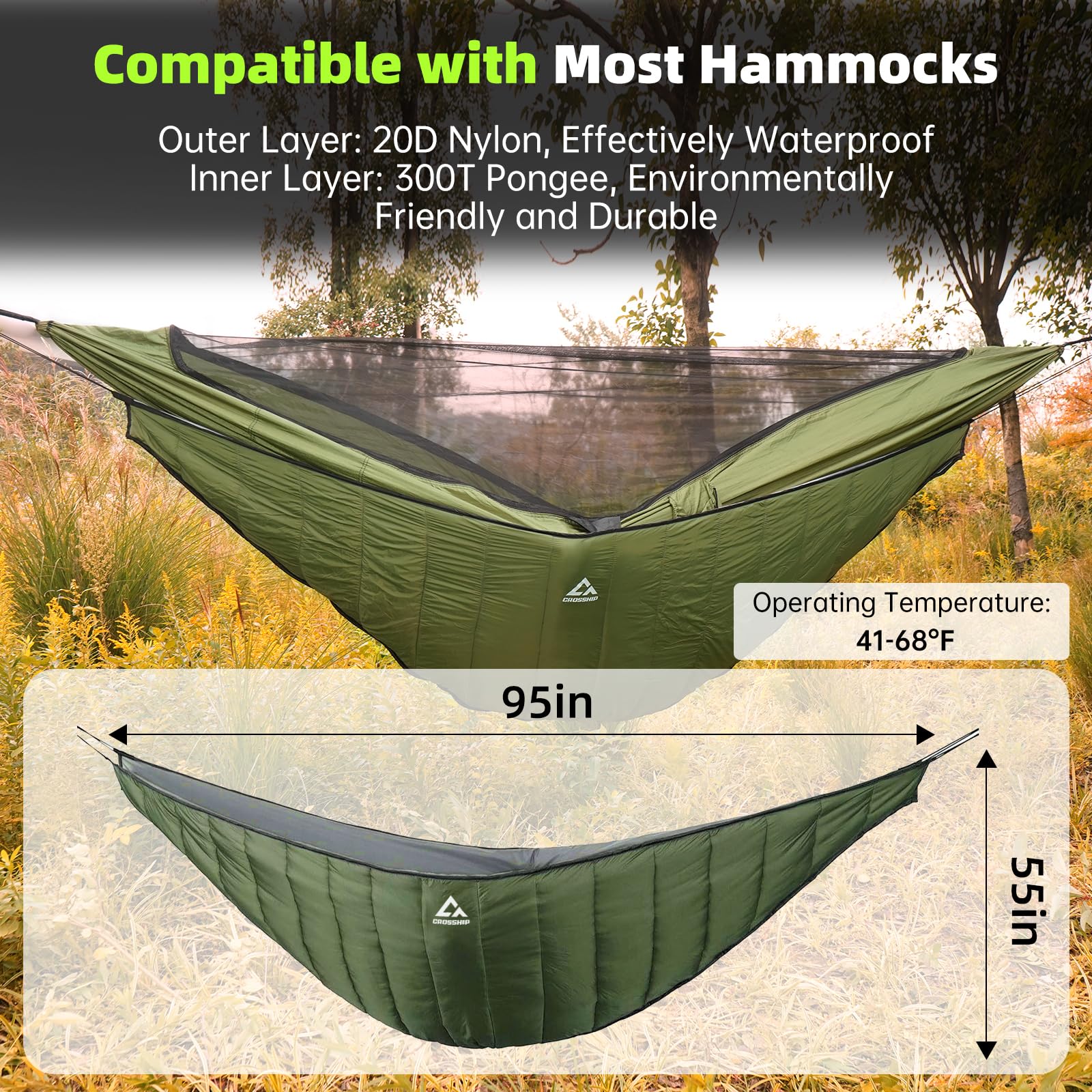 CROSSHIP hammock underquilt in use with straps secures neatly for comfy hammock setup.