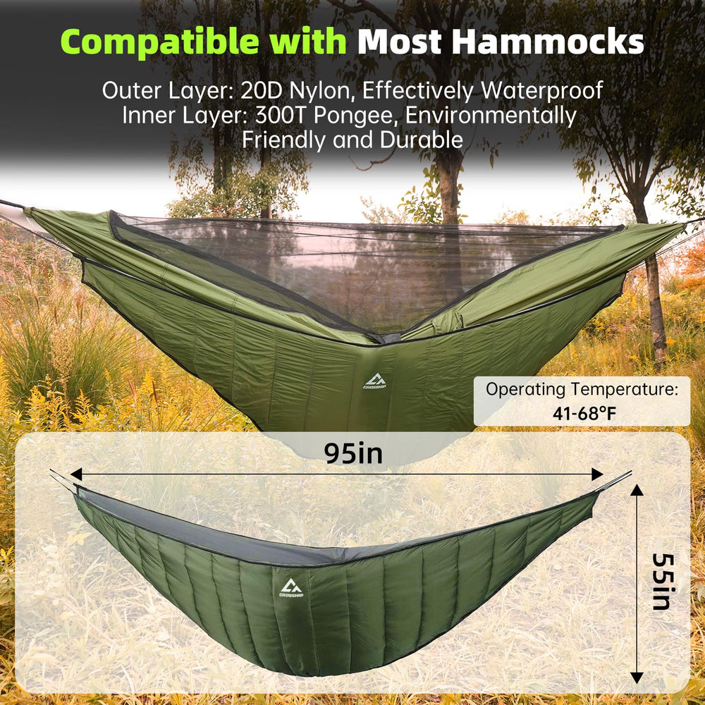 CROSSHIP hammock underquilt in use with straps secures neatly for comfy hammock setup.