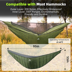 CROSSHIP hammock underquilt in use with straps secures neatly for comfy hammock setup.