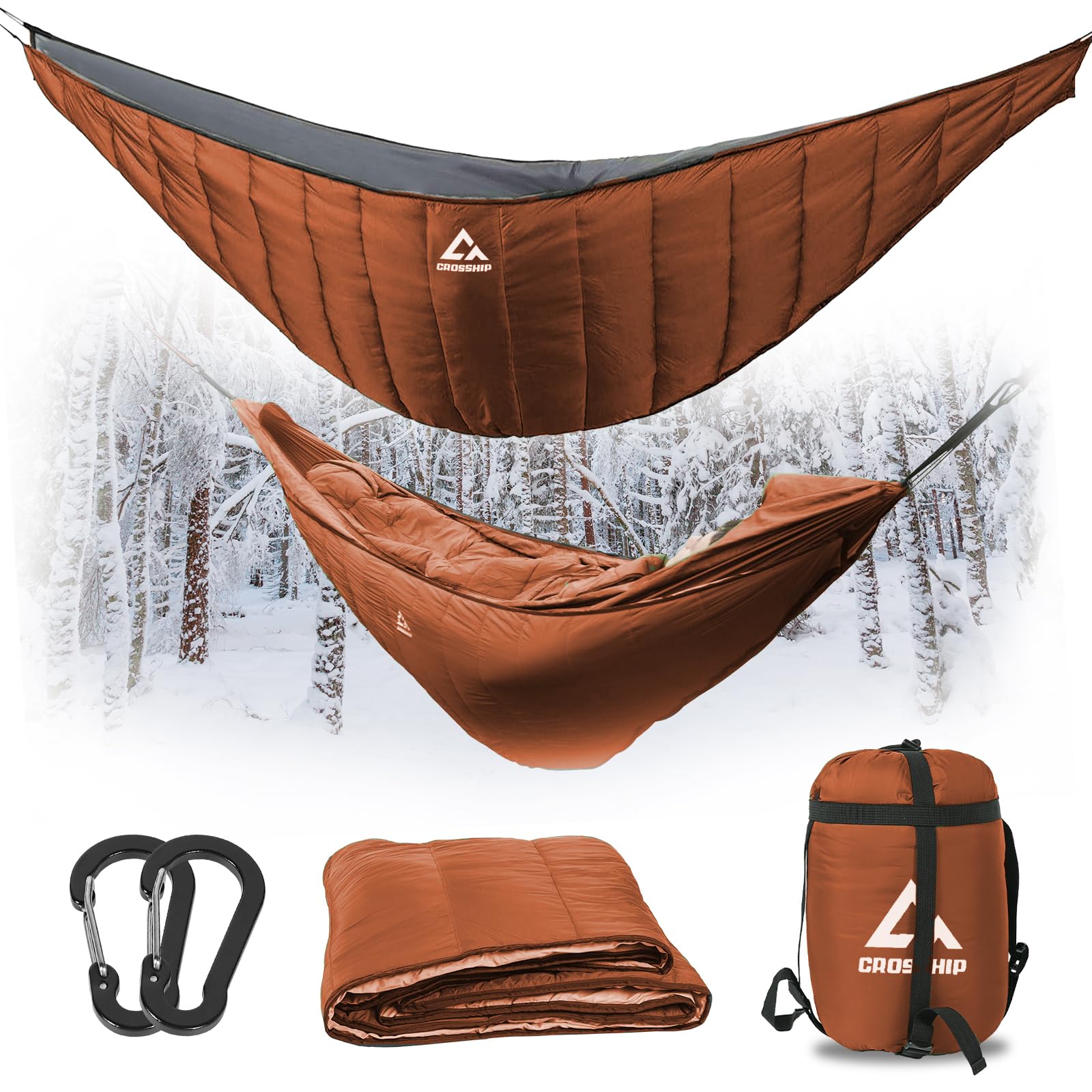 CROSSHIP hammock underquilt setup demonstrates easy attach with elastic straps for secure outdoor sleep