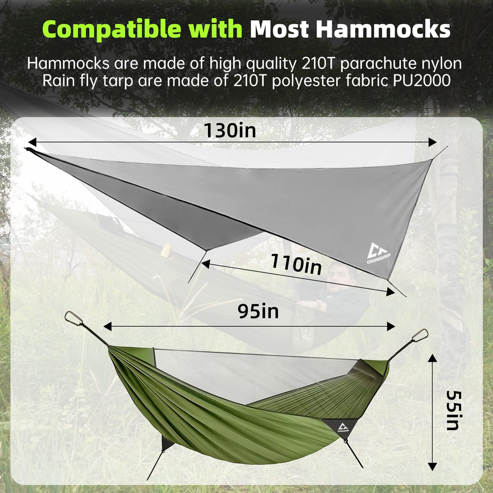 CROSSHIP rain fly tarp demonstrates weather shelter for all-day outdoor adventures.