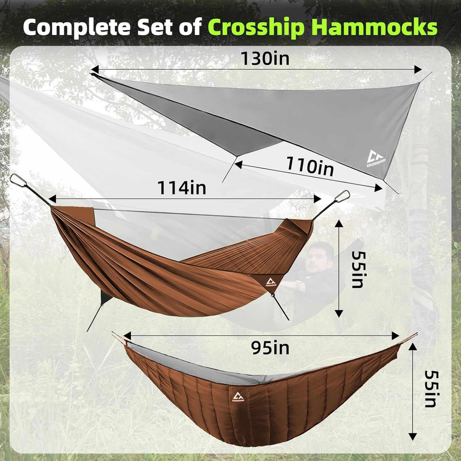 CROSSHIP underquilt highlights thermal coverage for cooler nights outdoors.
