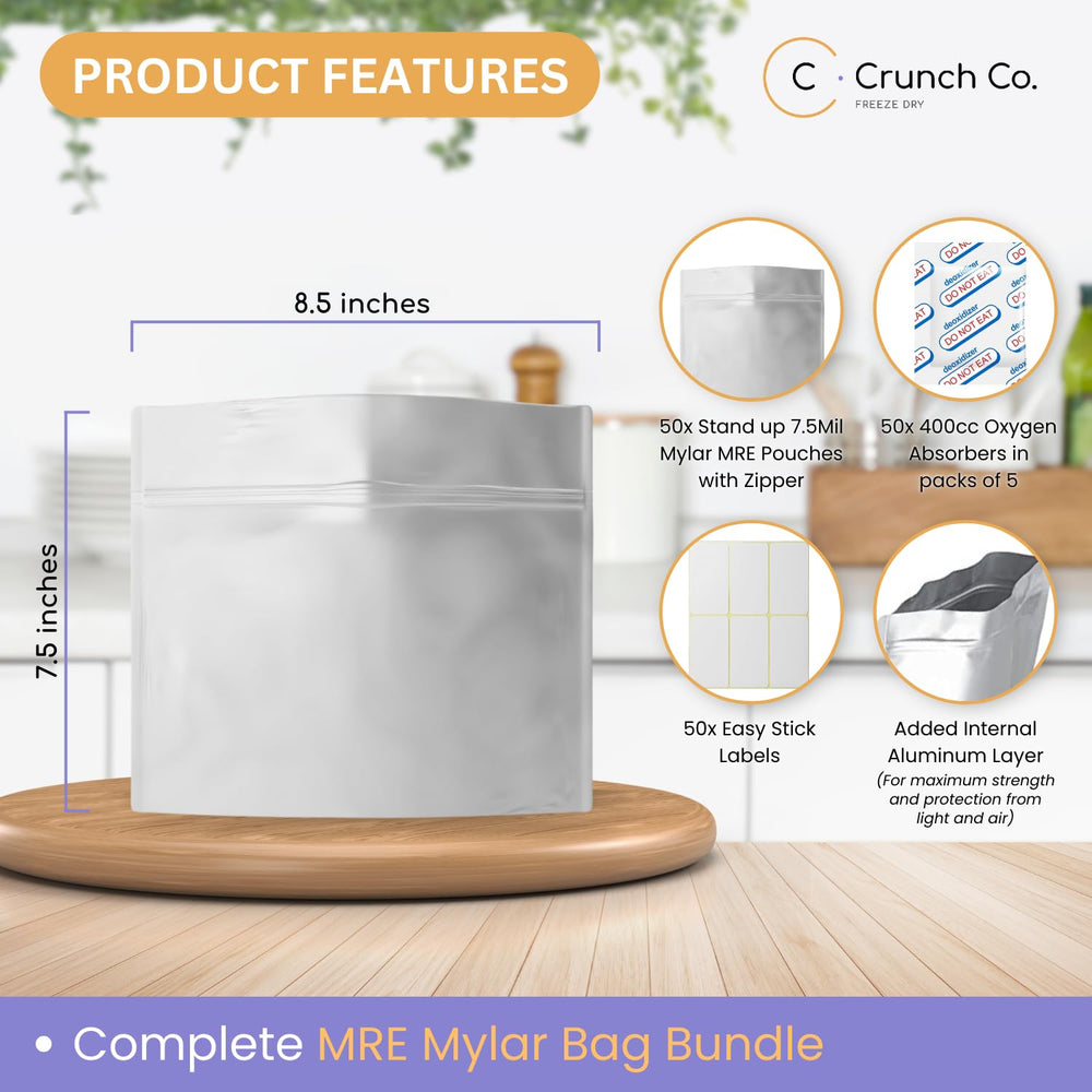 Crunch Co. bags demonstrated for boiling-water use and quick rehydration.