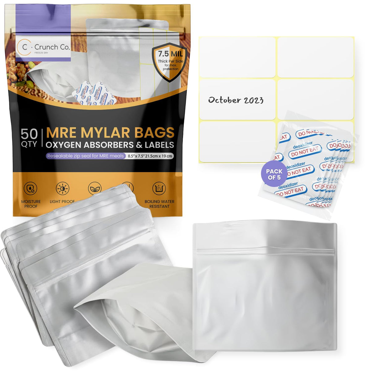 Crunch Co. freeze-dry Mylar bags stand-up zipper for airtight, long-term storage.