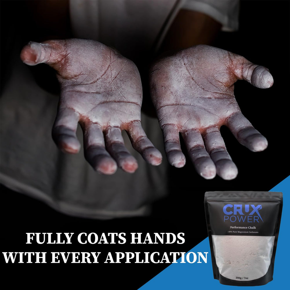 Crux Power chalk provides dependable grip with a clean feel and no drying agents.