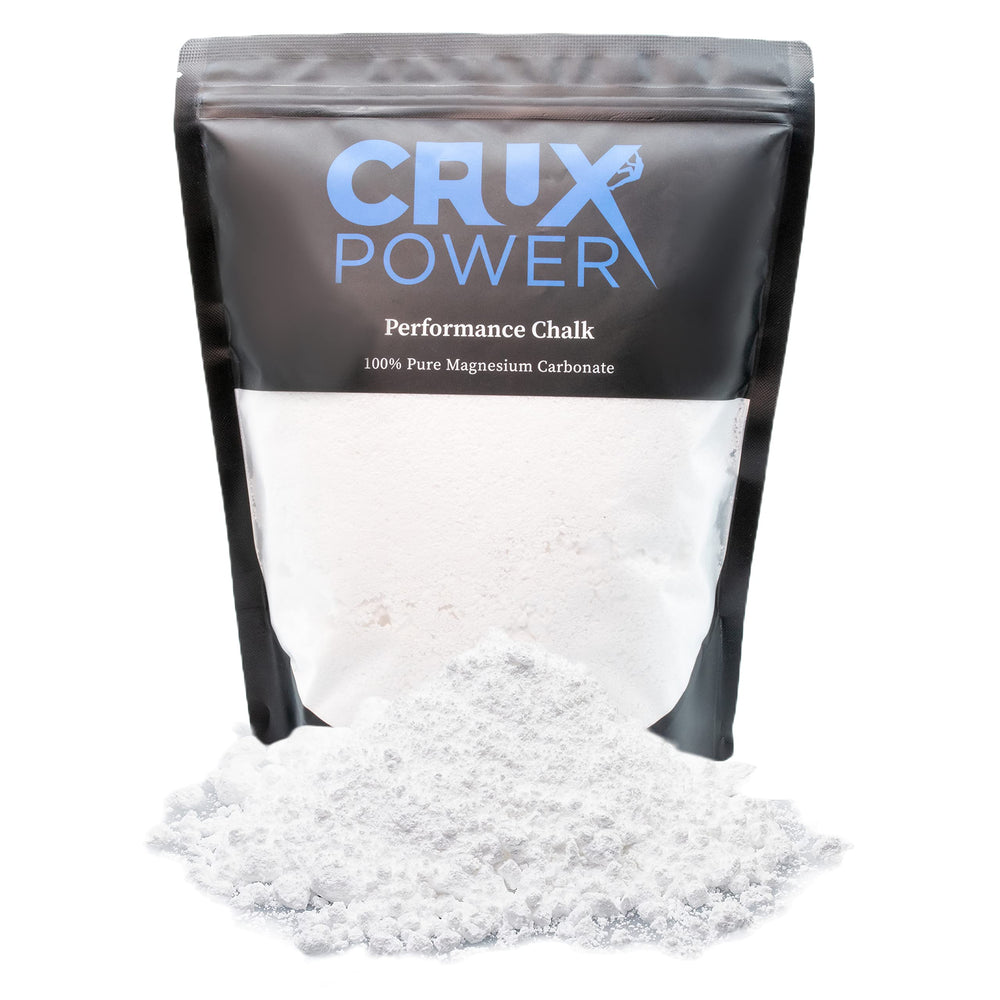 Crux Power chalk loose powder delivers quick moisture absorption for steady holds.