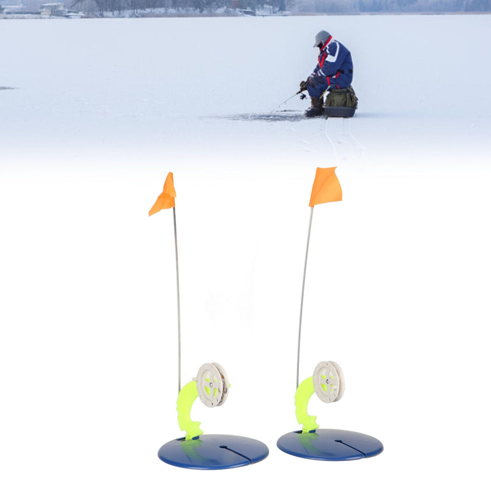 Cryfokt ice fishing flag pole and support for clear bite alerts.