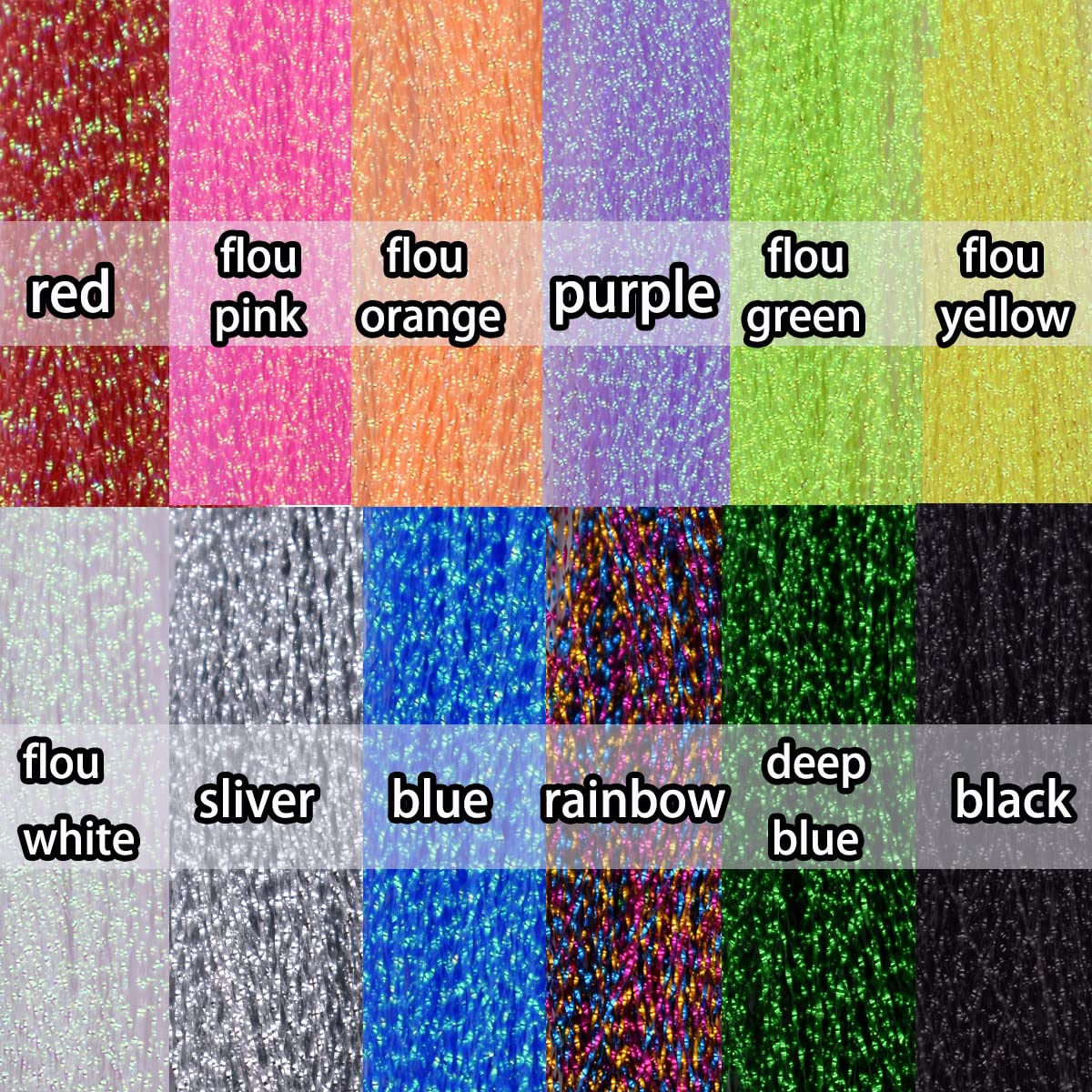 Fly tying materials with crystal flash line Set C on blue background