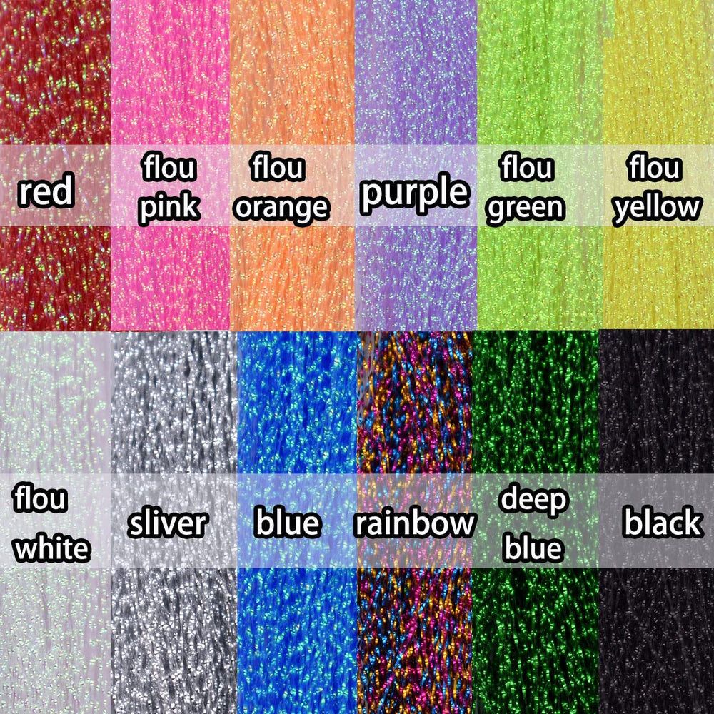 Fly tying materials with crystal flash line Set C on blue background