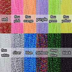 Fly tying materials with crystal flash line Set C on blue background