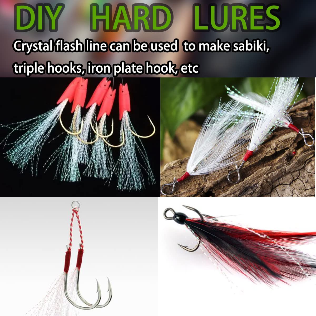 Assorted crystal flash colors displayed for fly tying