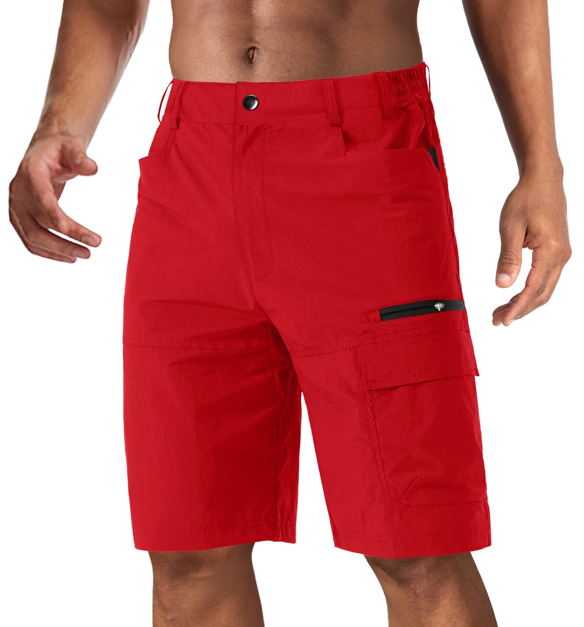 CRYSULLY cargo short front view in red, lightweight comfort for hiking and daily wear.