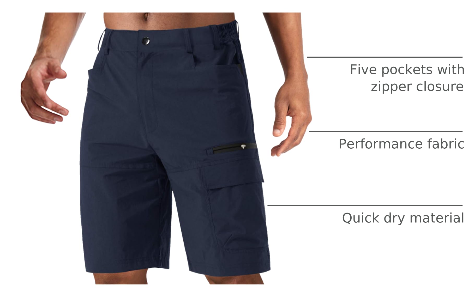 CRYSULLY cargo shorts navy elastic waistband provides comfortable, flexible fit.