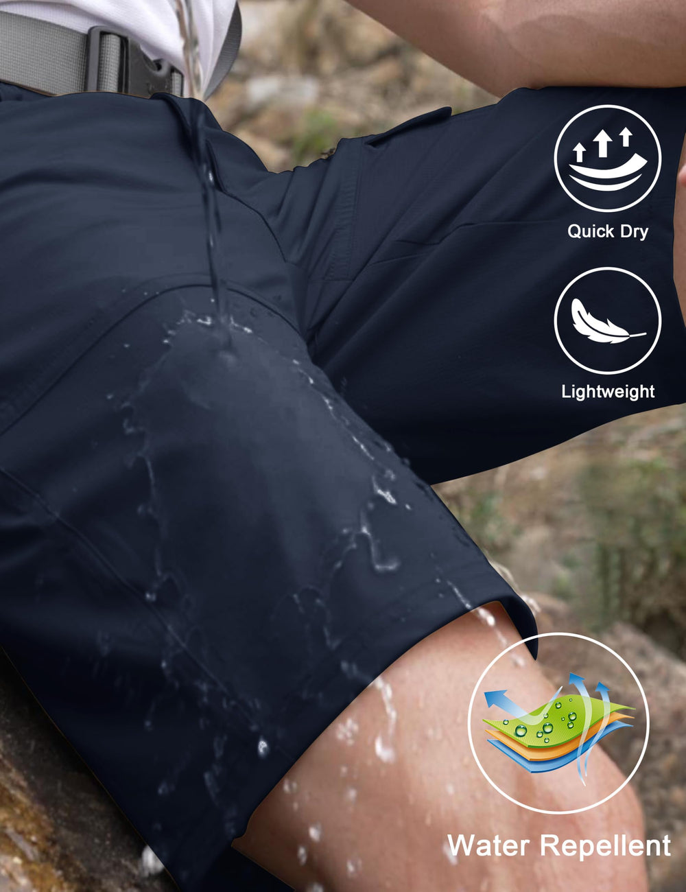 CRYSULLY cargo shorts navy quick-dry fabric wicks moisture during activities.