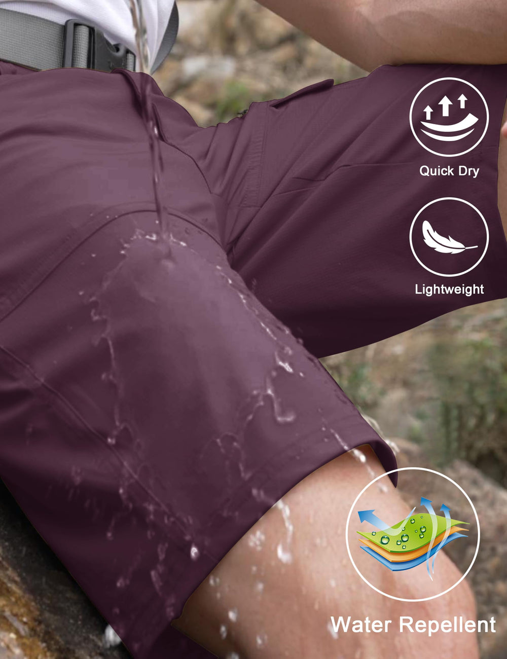 CRYSULLY shorts zipper detail—durable hardware for rugged outdoor use.