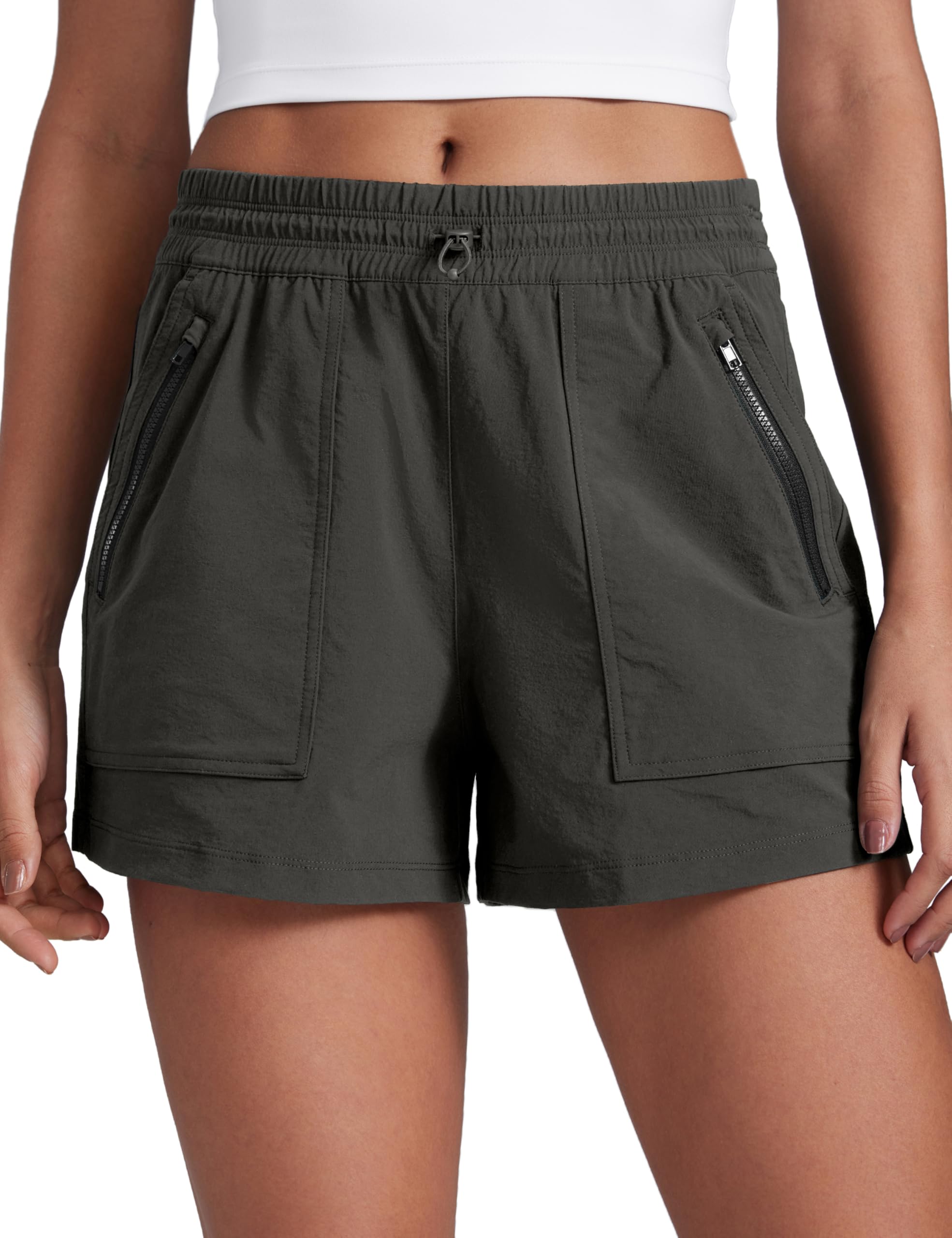 CRZ YOGA Arbor Olive 3-inch hiking shorts closeup texture for breathable comfort on hikes