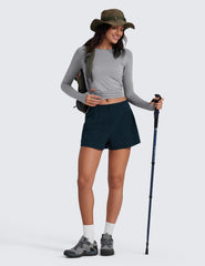 CRZ YOGA hiking shorts with 3-inch inseam shown on models for active movement.