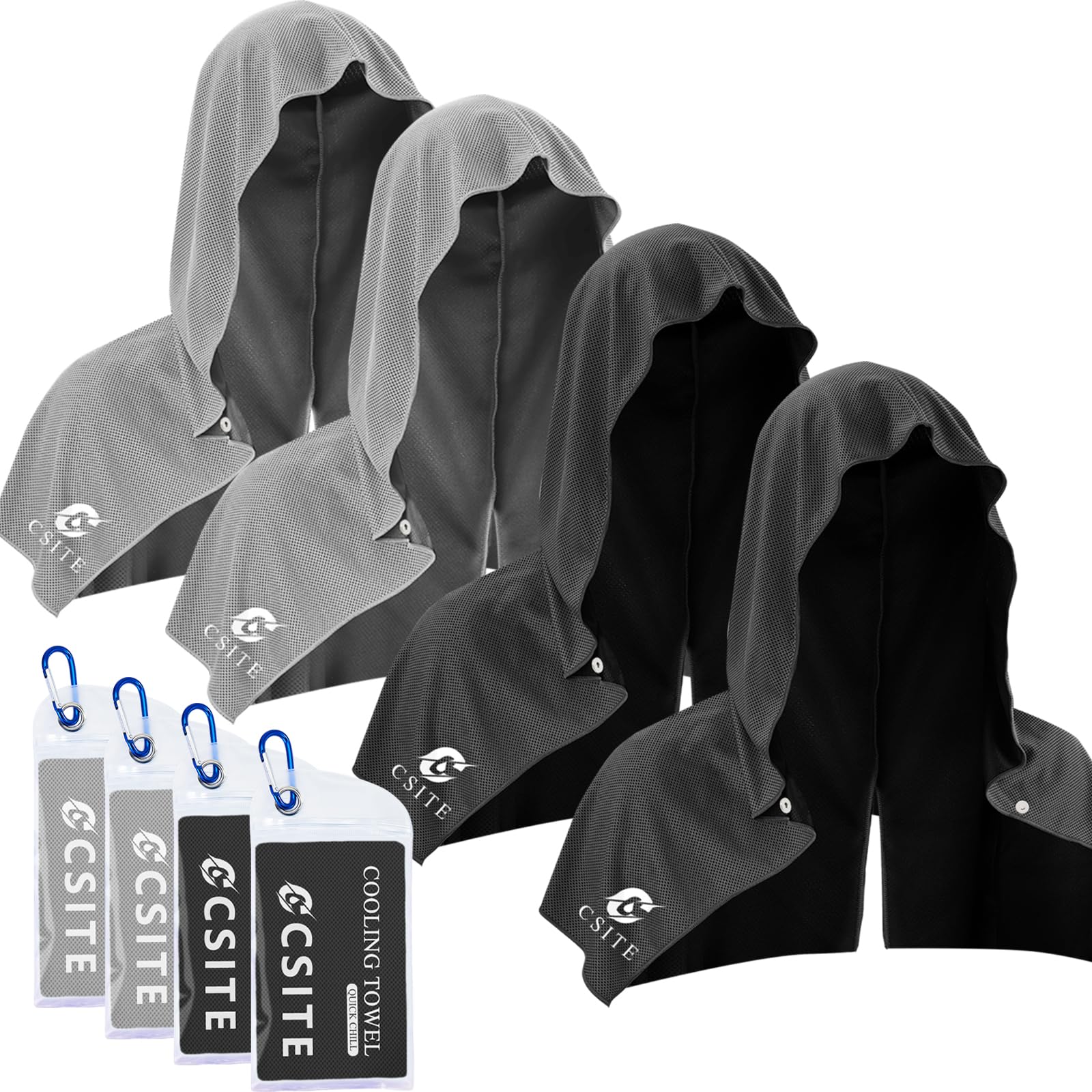 CSITE cooling hoodie towel pack shot demonstrates four-pack setup for outdoor heat relief.