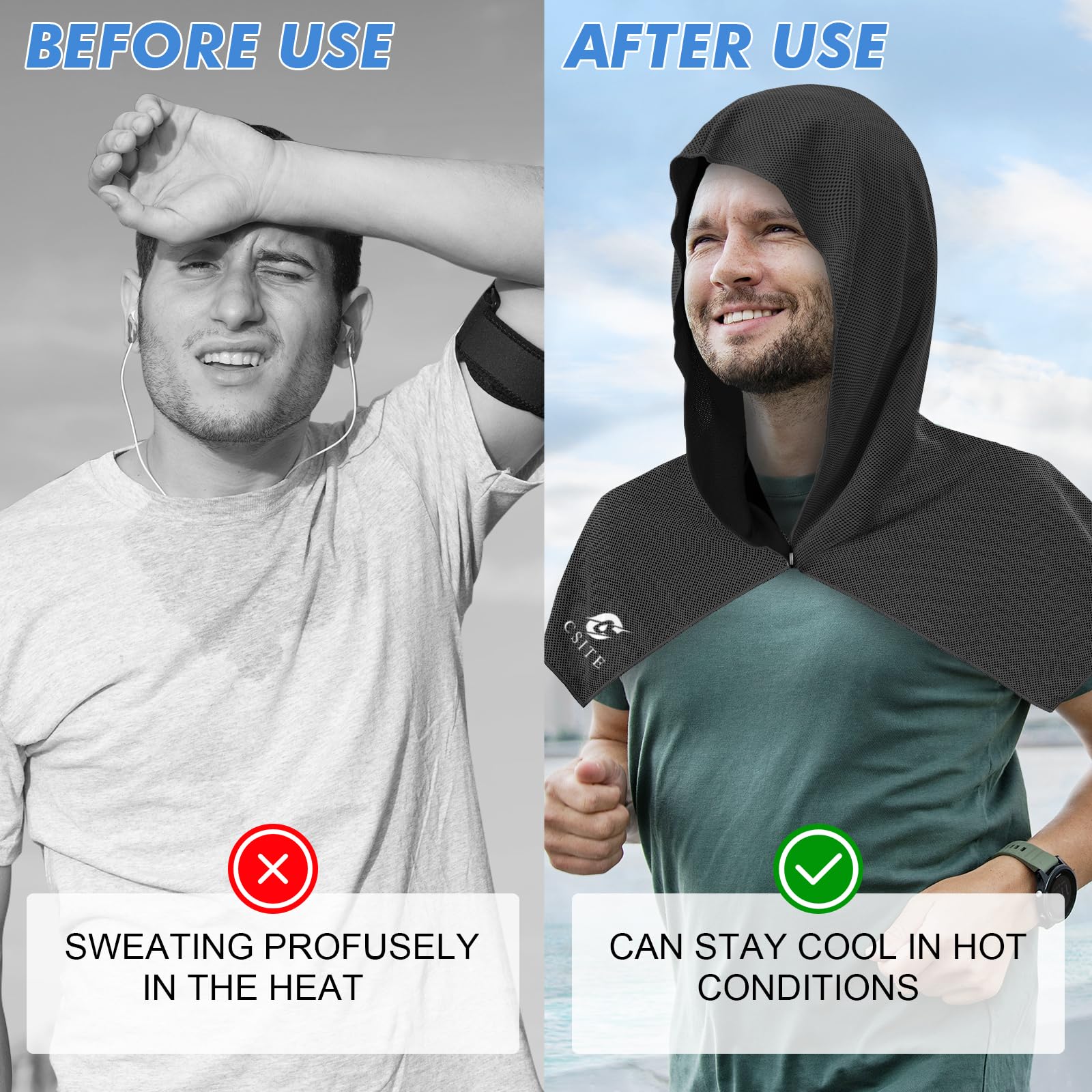 CSITE cooling hoodie towel with waterproof pouch clipped to backpack for easy carry.