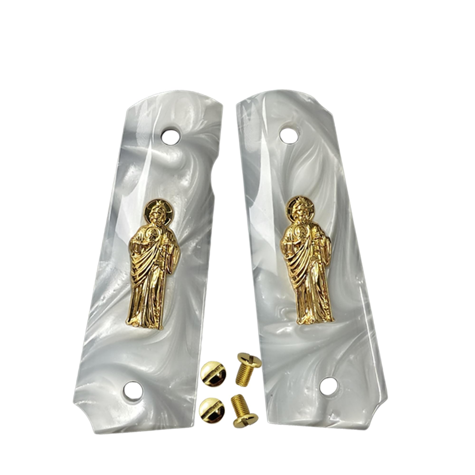 CT Grips 1911 full-size white pearl Saint Jude emblem showcases durable luxury and faith-inspired style.