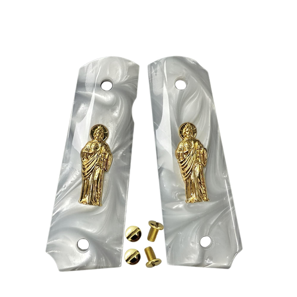 CT Grips 1911 full-size white pearl Saint Jude emblem showcases durable luxury and faith-inspired style.
