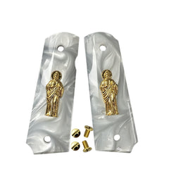 CT Grips 1911 full-size white pearl Saint Jude emblem showcases durable luxury and faith-inspired style.