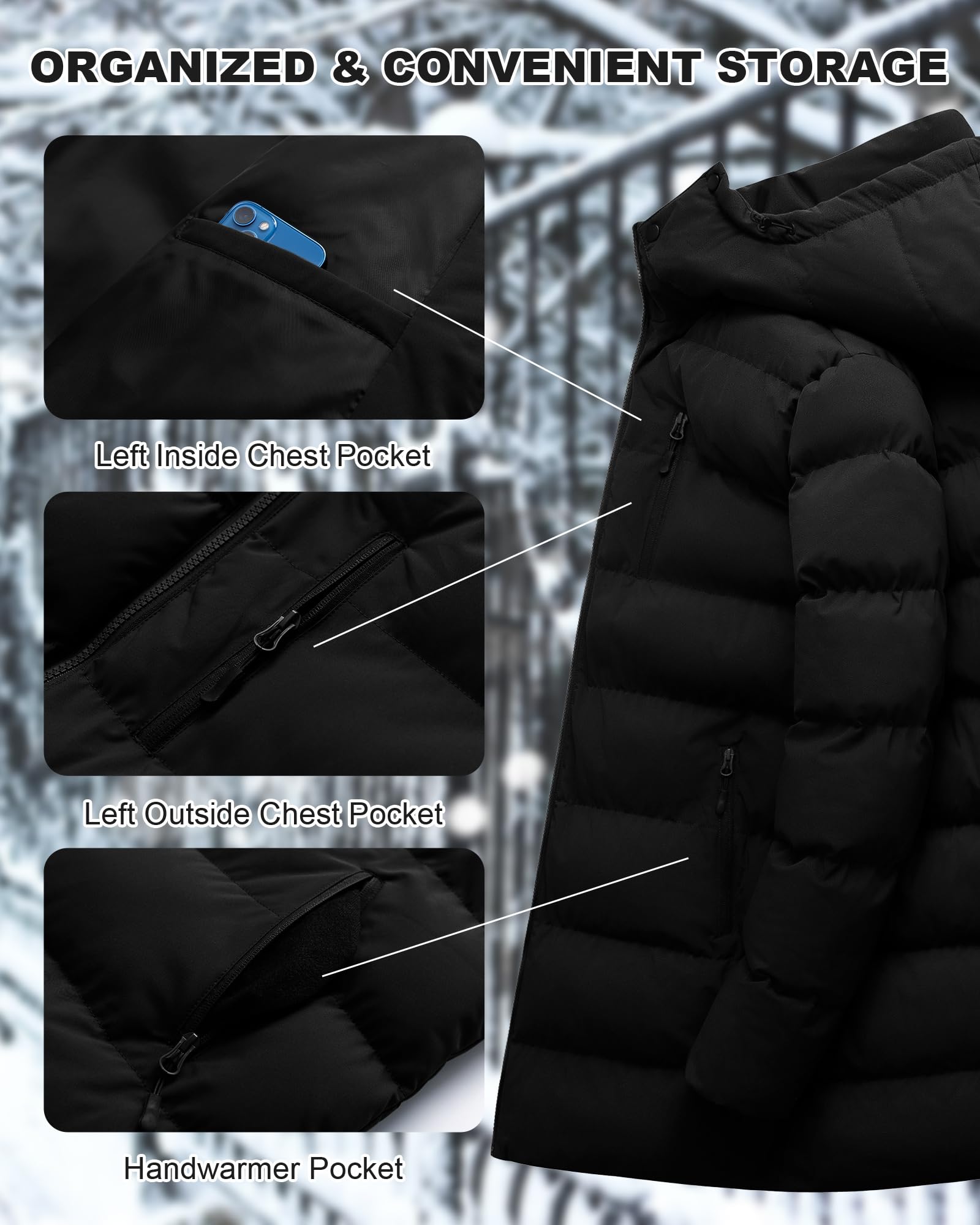 CTFASHION men's puffer jacket length coverage highlighting full-hood warmth and wind protection.